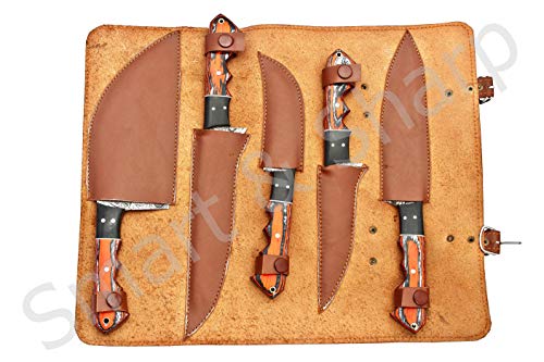 Custom Handmade Damascus Chef Knives Set/Kitchen Knives 5 Pieces Set Ss-17211 Professional Utility Chef Kitchen Knives (Orange And Black Color Wood) #TOP5