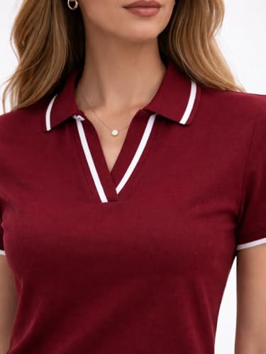 Image of JUNEBERRY Women's Regular Fit Lycra Polo T-Shirt withV- Neck Plain Contrast Piping Collar, Short Sleeves, Soft Fabric for Everyday Comfort (Sizes S to 2XL)
