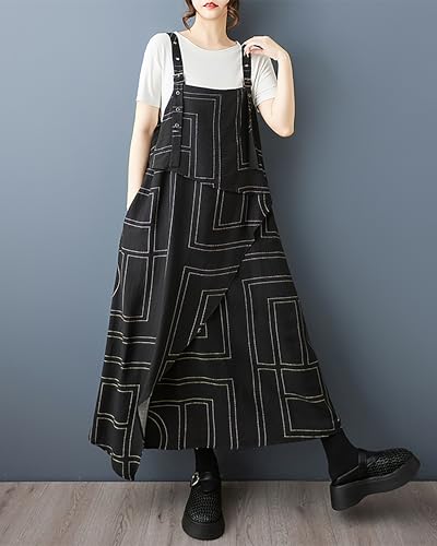 ellazhu Women's Pants Printed Plus Size Patterned Irregular Hem Adjustable Suspender Fashion Casual GZ554 A3