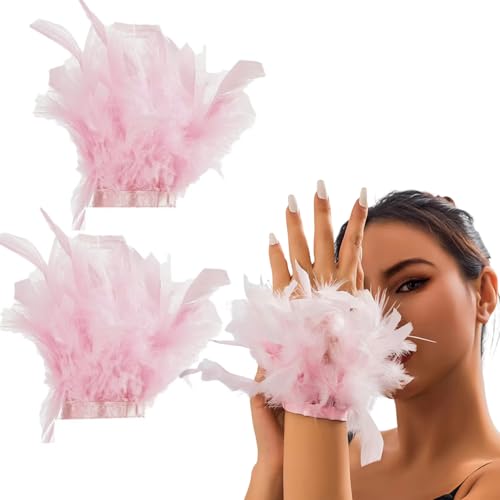 AUOCATTAIL Feather Gloves Cuffs Swan Wrist Band for Women Cosplay Costume Wedding Halloween Accessories (Pink One Size)