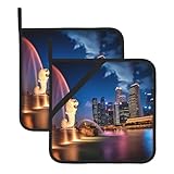 2 Stück Singapur Fischschwanz Löwe Gedruckt Wärmedämmmatte Set Küche Wärmedämmmatten Geeignet Zum Backen Und Kochen