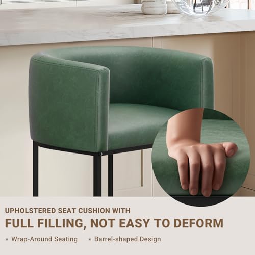 Image of 26 inch H Counter Height Bar Stools Set of 1, Modern Barrel Counter Stools with Backrest and Arms, Faux Leather Upholstered Accent Barstools for Kitchen Island,Support 450 LBS (Green)