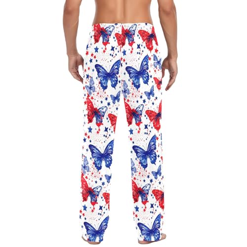 Blue and Red Butterfly Men's Pajamas Pants Cotton Sleep Bottoms Pants Lounge Sleepwear - S3