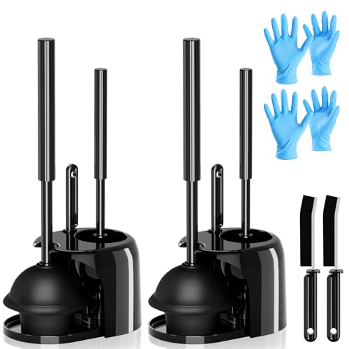 Image of FORASTO 4 in 1 Toilet Brush and Plunger Set, Long Handle Combo, 2 Pack | Dark black bathroom cleaning tools with holder. Includes crevice brush for deep toilet bowl scrubbing.
