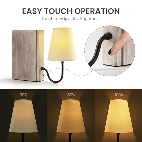 AELS Wooden Bookshelf Lamp with Bulb, Cordless Rechargeable Touch Dimmable Table Lamp with Linen Fabric Shade, Modern Decorative Bookend Lamp for Bedroom, Office & Bookshelf Decor, White by AELS - Used condition - Image 4
