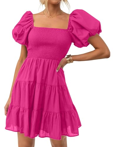 Image of ZESICA Women's Boho 2026 Summer Square Neck Puff Sleeve Off Shoulder Smocked Tiered Casual A Line Short Mini Dress