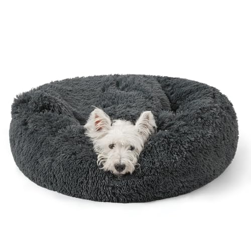 NOYAL Calming Dog Bed for Anxiety Hooded Donut Cave with Blanket Plush Fluffy Washable Pet Bed for Small Medium Dogs & Cats