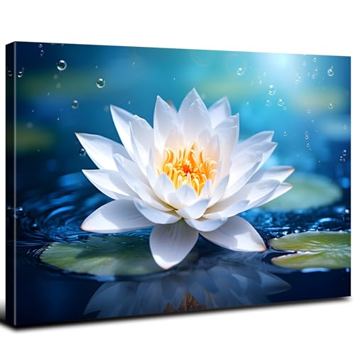 Image of Large Wall Art White Blossom Lotus Flower Wall Decor for Bathroom Blue Relax Meditation Zen Yoga Room Decorations 32x48 inch Nature Flower on Water Pictures Canvas Prints Spiritual Painting Framed Artwork