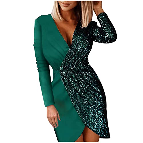 Cocktailkleid Festliches Kleid Grün Frauen - Winterkleid V-Ausschnitt Kleid Damen Frühling Sexy (Green, XL)