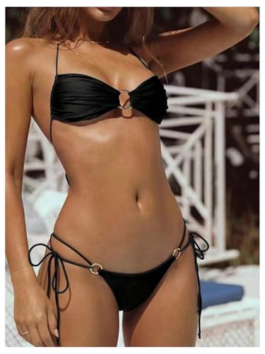 Image of SOLY HUX Bathing Suit for Women Halter Ring Linked Tie Side Bikini Sets Two Piece Swimsuit