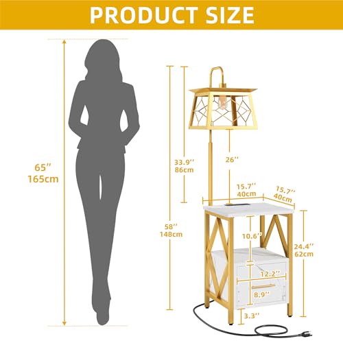 DWVO Floor Lamp with Table, Side Table Lamp with Outlets and USB Ports, 3-Color Temperature Table Lamps for Living Room, Bedroom, Modern Floor Lamp with Shelves, White & Gold
