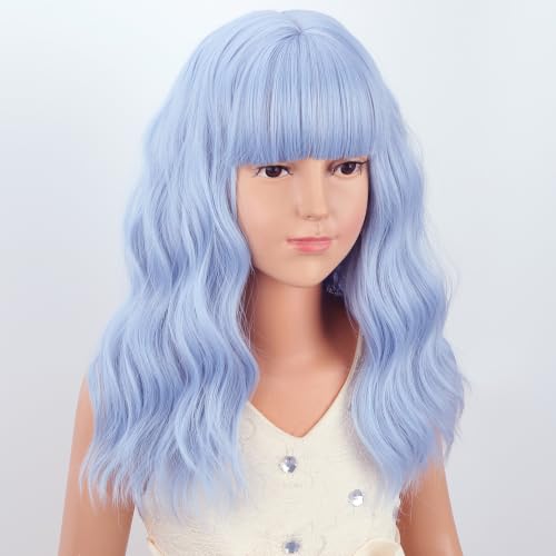 Image of Kids Blue Wig Girls Short Blue Wavy Curly Wigs Child Wig with Air Bangs Synthetic Cosplay Hair Wigs