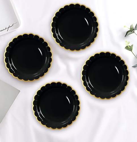 Image of HEIPINIUYE 50 Pieces Black Paper Plates with Gold Foil 7 Inch Disposable Black Scalloped Dinner Plates for Wedding Baby Shower Birthday Party Dessert Plate