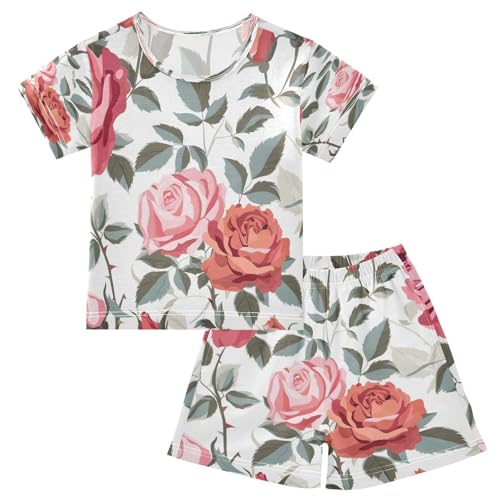 senya Short Sleeve Pajamas Sets Summer Cotton Sleepwear Tile Rose Rose Tile Red Leaves