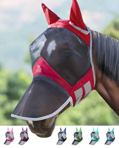 Harrison Howard CareMaster Pro Masque Anti-Mouches Lumineux pour Cheval - Grand Espace pour Les Yeux avec Oreilles - Protection UV - Rouge - Taille complète