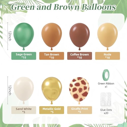 Image of 12inch Safari Balloons with Sage Green Brown Nude and Gold Balloons | Woodland, Jungle Theme, Birthday, Baby Shower Decorations