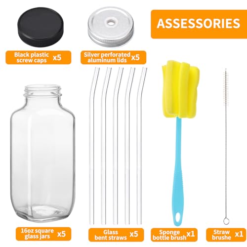 Image of CUCUMI 5pcs 16oz Glass Juice Bottles with Lids, Reusable Juice Containers Drinking Jars Water Cups with Brush, Glass Straws, Lids with Hole