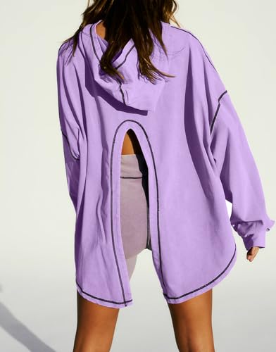 Women Open Back Workout Hooded Sweatshirt Oversized Long Sleeve Side Slit Athletic Shirt Flowy Hoodie Top Activewear3