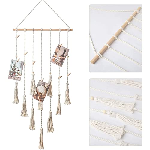Image of ecofynd Cotton Photo Display Wall Hanging Picture Organizer, Boho Aesthetic Home Decor with 20 Wooden Clips, Bohemian Frame for Bedroom Living Room Decorative Items (BH006)