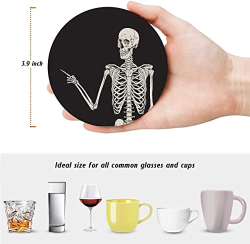 Coaster For Drinks Set Of 6, Skeleton Skull Body Vintage Bones Absorbent Round Ceramic Stone Mat, With Cork Base And Metal Holder, Gift For Housewarming Room Bar Decor #TOP3