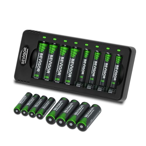 BEVIGOR AA & AAA Rechargeable Batteries with Charger Set, 8 Pcs AA 2800mAh & 8 Pcs AAA 1100mAh Ni-MH Batteries with 8 Independent Slot Battery Charger, Type C Input 5V 2A Fast Charging Function