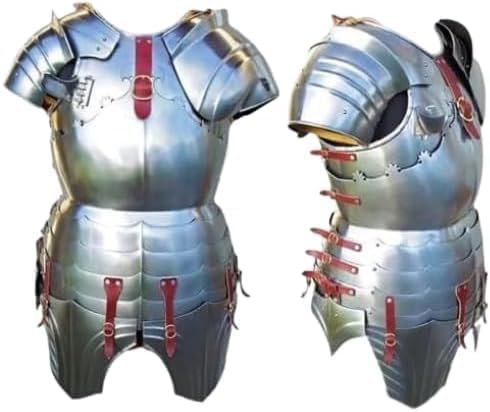 Medieval Steel Cuirass Armor with Pauldrons & Fauld – Polished Knight Chest, Shoulder & Waist Armor with Red Leather Straps for LARP, Cosplay & Reenactment