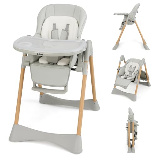 Image of INFANS Baby High Chair, High Chairs for Babies & Toddlers with Adjustable Height Backrest Footrest Removable Tray, Easy to Clean PU Seat Convertible Quick Folding Portable Highchair