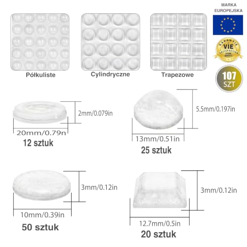 ✮Dożywotnia Gwarancja✮ CZ Store® – Samoprzylepne Odbojniki Gumowe | Zestaw 107 szt. / 4 Rozmiary | Samoprzylepne Stopki Ochronne do Mebli, Drzwi i Ścian | Tłumią Hałas i Chronią przed Zarysowaniami