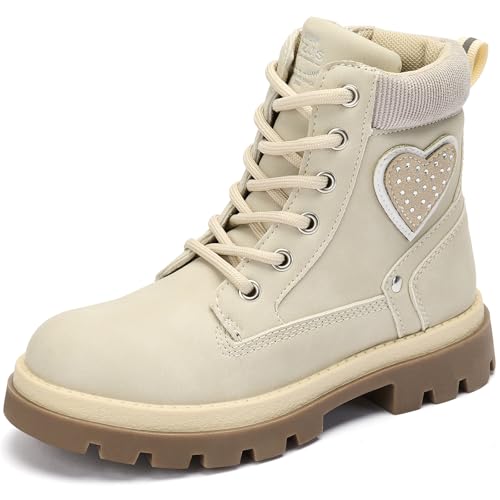 TZJS Girls Boots,Girl Zipper Lace Up Outdoor Water Resistant Comfort Work Boots Kids Fashion Booties for Little Kid（Beige,2）