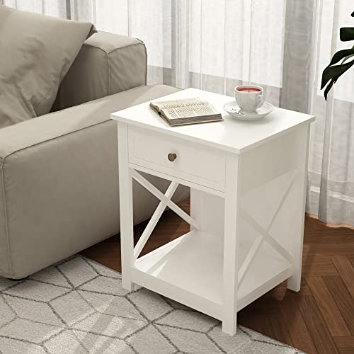 Treocho White Nightstand X-Design, Modern Bedside Table With Drawer Storage Shelf, End Side Table For Bedroom #TOP4