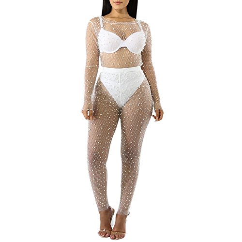 Women's Sexy Mesh Beaded 2 Pieces Outfits See Through Long Sleeve T Shirt Top and Skinny Long Pants White