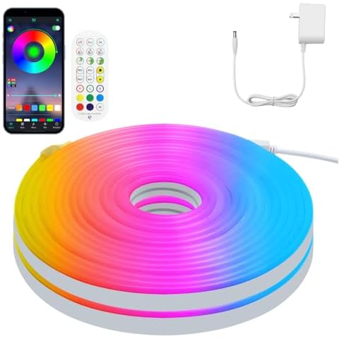 HOUHUI Neon Rope Lights, 32.8Ft RGB LED Neon Rope Lights with App,Remote,Music Sync,Flexible DIY LED Rope Light 24V LED Neon Strip Lights IP67 Waterproof for Bedroom Gaming Room Party Outdoor Decor Cover