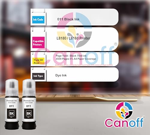Image of CANOFF 011 /012 Black Color Refill Ink Bottle | Premium Photo Ink for Sharp & Vibrant Prints | Compatible with Epson L8180, L8160 & 012-Series Photo Models (011 Black 2pc.)