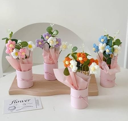 Image of KAIDAA Handmade Korean Crochet Flower Bouquet Knitted Floral Arrangement with Decorative Leaves | Tabletop Home Decor, Desk, Valentine Day Gift for Girlfriend, Gifting, etc. (Pink Daisy Bouquet)