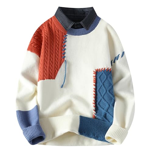 Men's Lapel Collar Color Block Patchwork Knit Sweater Crochet Knitted Lightweight Long Sleeves Pullover Sweaters