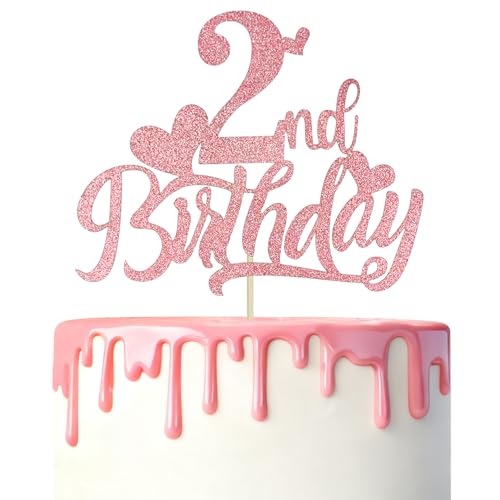 Happy 2nd Birthday Cake Topper - Pink Glitter Heart 2nd Birthday Cake Decoration for 2 Years Old Birthday Party Cake Decor Supplies