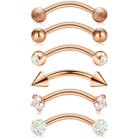 Briana Williams 6pcs Stainless Steel Rose Gold Rook Daith Earrings Belly Lip Ring Eyebrow Studs Cartilage Tragus Cubic Zirconia Barbell Body Piercing 8mm (5/16") Cover