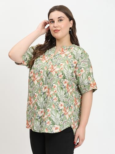 Image of SINDOORI Relaxed Fit Tops for Women Plus Size Solid Printed Mandarin Collar, Band Collar, V-Neck Top, Half Sleeve Loose Fit