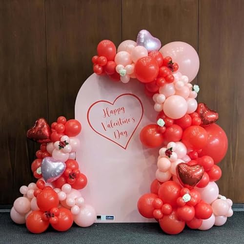 Image of Valentine's Day Balloon Garland Arch Kit - 122 Piece Red, Pink & Light Pink Balloons - Heart & Bear Shaped - Biodegradable - For Couples & Lovers