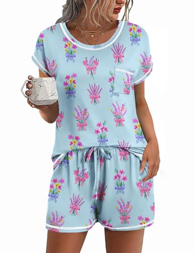 Image of Ekouaer Womens Pajama Sets 2 Piece Soft Short Sleeve Top and Shorts Sleepwear Round Neck Pjs Lounge Set with Pockets