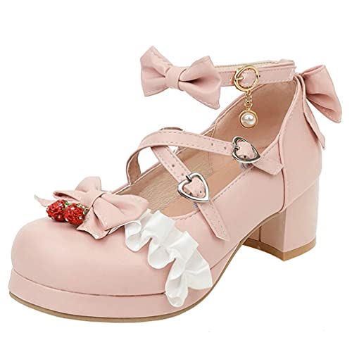 KOKOMOMO Womens Sweet Lolita Platform Shoes Kawaii Bow Mary Janes Low Block Heel Pumps