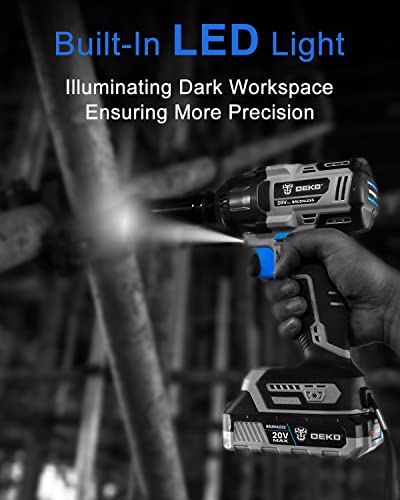 Dekopro Cordless Impact Wrench 1/2Inch,20V Power Impact Wrench, Powerful Brushless Motor, 3-Variable Speed, Max Torque 258 Ft-Lbs (350N.m), 2X2.0A Li-Ion Battery, 1 Hour Fast Charger And Tool Bag #TOP4