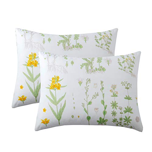 Menae Pack of 2 Floral Pillow Cases-Green with Yellow Botanical Flowers Bed Pillowcases Set with Envelope Closure End -(King 20x36 Inches,Floral)