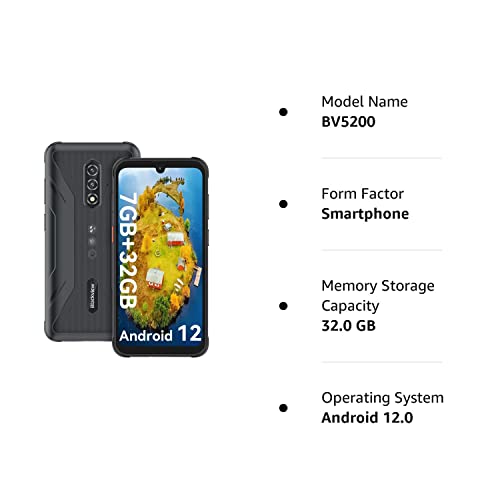 Blackview Rugged Smartphone Unlocked, 2023 Bv5200 Dual Sim Unlocked Phones, 7Gb+32Gb/1Tb Expand, Ip68/Ip69K Waterproof, Android 12, 5180Mah Battery, 6.1" Hd+13Mp Camera, Nfc, Glove Mode, Face Unlock #TOP7