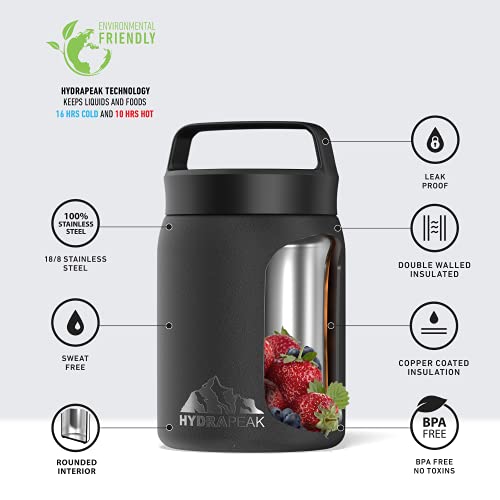 Hydrapeak 18 Oz Insulated Food Thermos Hot And Cold, Soup Thermos, Food Thermos, Thermos For Hot Food, Vacuum Insulated Food Jar, Stainless Steel, For Office, Outdoor (Black) #TOP2