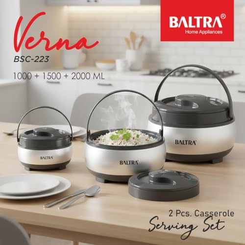 Image of BALTRA Inner Stainless Steel Casserole Set | Keeps Food hot & Fresh Chapati, Roti, Biryani | Serving Bowl with Lid | Hot Box for Kitchen | House Warming Gifts Set (Verna (1000ML,1500ML, 2000ML))
