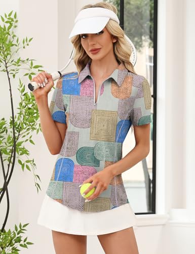 Image of LOMON Women's Short Sleeve Athletic Polo Shirt High Performance Stretch Quarter Zip Top for Golf Tennis
