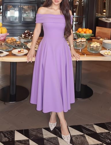 Image of ZESICA Summer 2026 Cocktail Dresses for Women's Off Shoulder Short Sleeve Swing A Line Wedding Evening Party Midi Dress