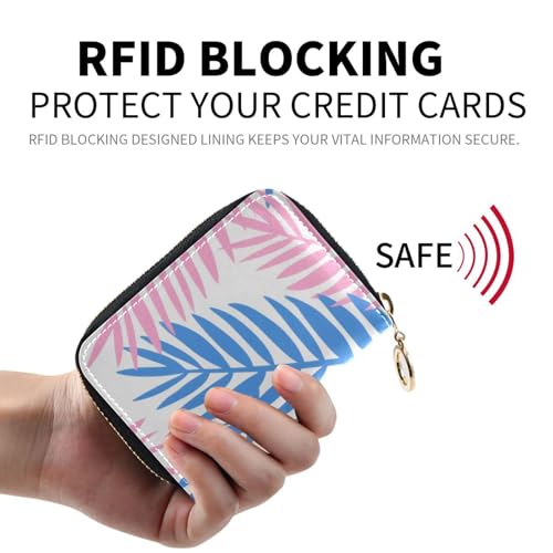 Pink and Blue Palm Leaves leather credit card holder wallet With 9 cards slot RFID Blocking men card holder with zipper2