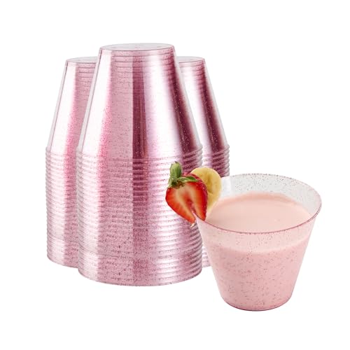 Restaurantware Glitter Cups 9 oz Pack of 20 Pink Glitter Plastic Cups Fancy Drink Tumblers Disposable Durable Plastic Glasses Cold Food-Friendly Tumblers for Cocktails Punch at Parties